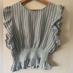 cupcakes & cashmere Blue Striped Ruffle Blouse